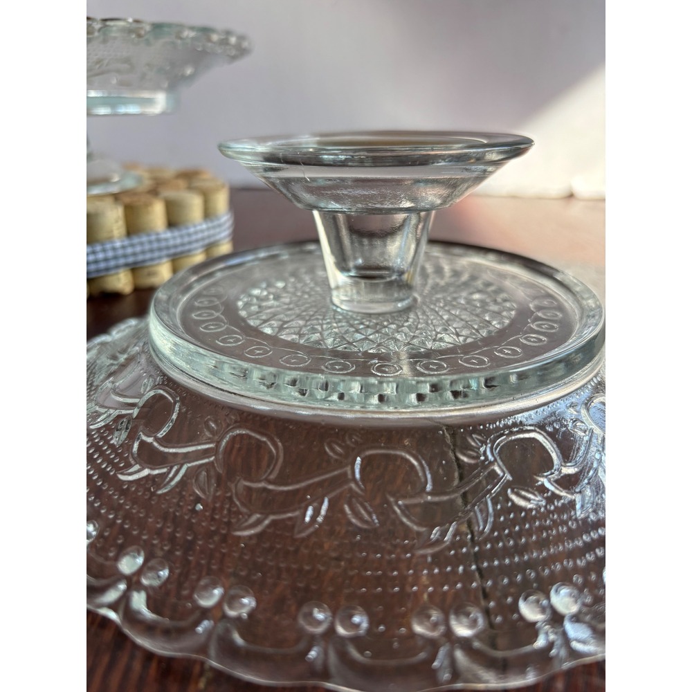 Vintage Clear Pressed Glass Pedestal Cupcake Stands Scalloped Edge Set of 2 - 8" - Picture 7 of 8